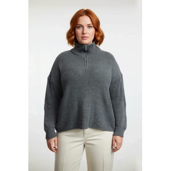 Kadın Regular Kalıp Uzun Düşük Kollu Fermuarlı Dik Yaka Selanik Dokuma Basic Triko Kazak Kaliteli