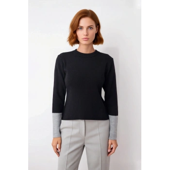 Kadın Regular Kalıp Uzun Kollu Bisiklet Yaka Renk Bloklu Triko Kazak Şık ve Konforlu Kışlık Giyim