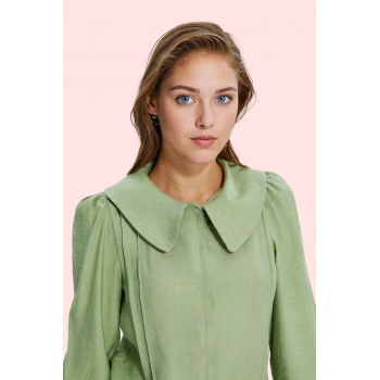 Kadın Regular Kalıp Uzun Kollu Gömlek Dantel Detaylı Bebe Yaka Viskoz Karışımlı Günlük Kullanım