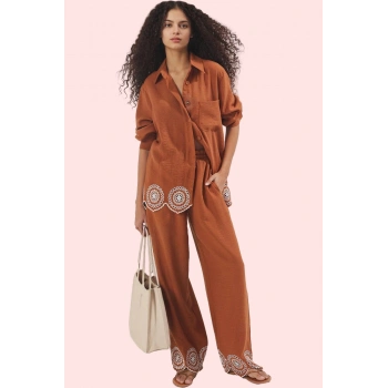 Kadın Regular Kalıp Uzun Kollu Gömlek Yaka Keten Dokuma Günlük Hafta Sonu Kaliteli Malzeme