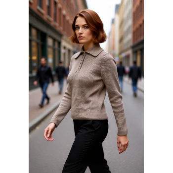 Kadın Regular Kalıp Uzun Kollu Polo Yaka Düğmeli Triko Kazak Günlük Şık Soğuk Havalar İçin
