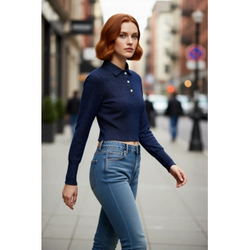 Kadın Regular Kalıp Uzun Kollu Polo Yaka Simli Triko Kazak Gündüz ve Gece Kombinleri İçin İdeal