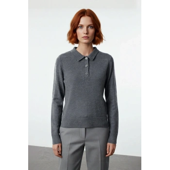 Kadın Regular Kalıp Uzun Kollu Polo Yaka Triko Kazak Kış ve Sonbahar İçin İdeal Basic Model