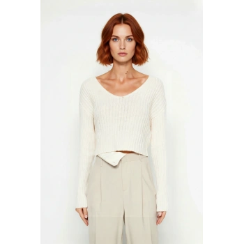 Kadın Regular Kalıp V Yaka Uzun Kollu Crop Boy Fitilli Akrilik Basic Triko Kazak Günlük Kullanım