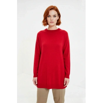 Kadın Relaxed Kalıp Akrilik Triko Tunik Kazak Bisiklet Yaka Düşük Kol Düz Desenli Yırtmaçlı İnce