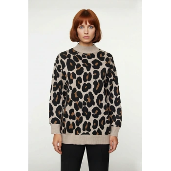 Kadın Relaxed Kalıp Animal Desen Uzun Kollu Dik Yaka Triko Kazak Basic Kışlık Cool Comfort Tarz