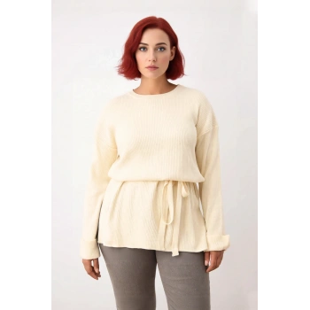 Kadın Relaxed Kalıp Beli Kuşaklı Bisiklet Yaka Uzun Düz Fitilli Triko Kazak Günlük Kullanım İçin