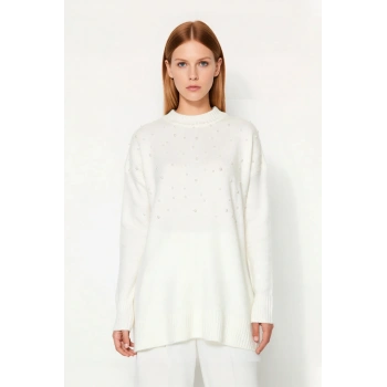 Kadın Relaxed Kalıp Bisiklet Yaka İnci Detaylı Uzun Balon Kol Triko Kazak Günlük Şıklık Kaliteli