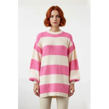 Kadın Relaxed Kalıp Düşük Kol Çizgili Selanik Örgü Bisiklet Yaka Triko Kazak Kışlık Kombinlerin