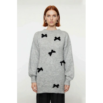 Kadın Relaxed Kalıp Düşük Kol Fiyonklu Triko Bisiklet Yaka Uzun Kollu Şık Kazak Modeli Kaliteli