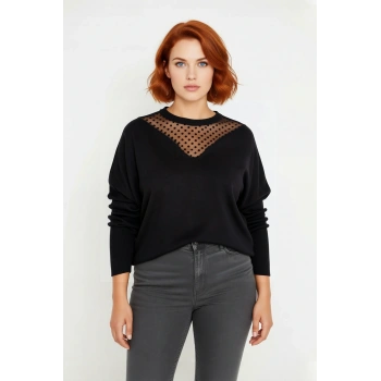 Kadın Relaxed Kalıp Düşük Kol Tül Detaylı Bisiklet Yaka Uzun Kollu Triko Kazak Konforlu Günlük