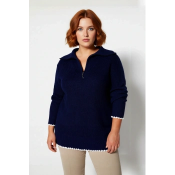 Kadın Relaxed Kalıp Fermuarlı Dik Yaka Düşük Kol Selanik Triko Kazak Kış Kombinlerin Vazgeçilmezi