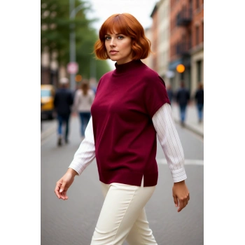 Kadın Relaxed Kalıp Kolsuz Triko Süveter Dik Yaka Basic Şık Görünüm Sunan Akrilik Tasarım Kaliteli