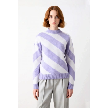 Kadın Relaxed Kalıp Mor Çizgili Bisiklet Yaka Düşük Kol Triko Kazak Kış Günlük Kombinler İçin Şık Ve