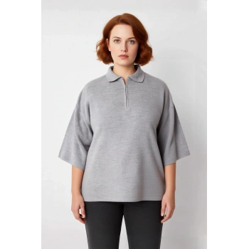 Kadın Relaxed Kalıp Polo Yaka Fermuar Detaylı Düşük Kollu Truvakar Triko Kazak Büyük Beden Rahat