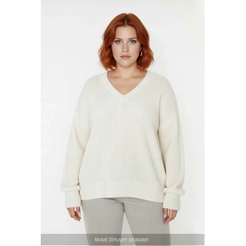 Kadın Relaxed Kalıp Renk Bloklu V Yaka Akrilik Triko Kazak Uzun Kollu Selanik Örgü Kışlık Şıklık