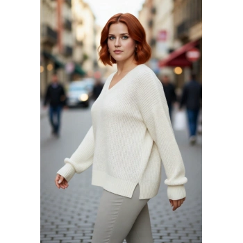 Kadın Relaxed Kalıp V Yaka Akrilik Triko Kazak Renk Bloklu Uzun Kollu Günlük Selanik Örgü Kış