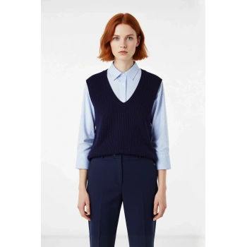 Kadın Relaxed Kalıp V Yaka Çizgili Gömlek Detaylı Uzun Kollu Selanik Dokuma Triko Kazak Kışlık