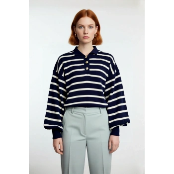 Kadın Relaxed Kesim Çizgili Polo Yaka Düşük Kol Kışlık Triko Kazak Günlük Şıklık Kaliteli Şık