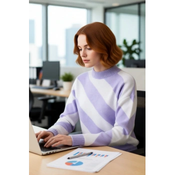 Kadın Relaxed Kesim Mor Çizgili Triko Kazak Düşük Kol Bisiklet Yaka Kış Sezonu Günlük Stil İçin.