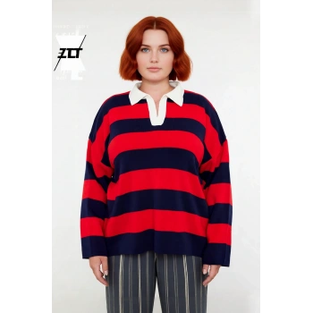 Kadın Relaxed Kesim Polo Yaka Çizgili Triko Kazak Düşük Kol Rahat Giy Çift Plaka Dokuma Uzun