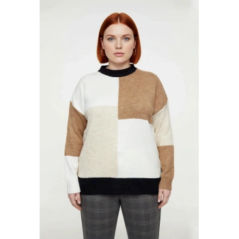 Kadın Relaxed Kesim Renk Bloklu Bisiklet Yaka Uzun Kollu Triko Kazak Kışlık Günlük Şıklık Kaliteli
