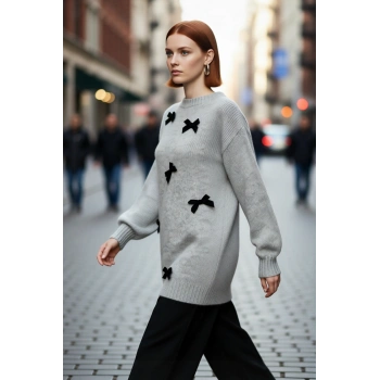 Kadın Relaxed Kesim Uzun Kol Triko Fiyonk Detaylı Bisiklet Yaka Basic Kışlık Kazak Stili Kaliteli