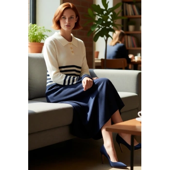 Kadın Renk Bloklu Düşük Kol Polo Yaka Düğmeli Triko Maxi Elbise Günlük Şık Uzun Kaliteli