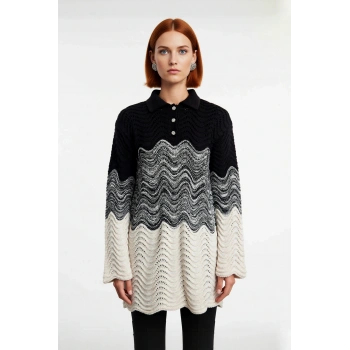 Kadın Renk Bloklu Jakar Dokuma Polo Yaka Uzun Kollu Fitted Triko Kazak Günlük Şıklık Sunar