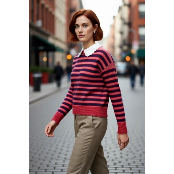 Kadın Renk Bloklu Kalın Triko Kazak Kış Sezonu İçin Çıkarılabilir Yaka Düşük Kol Rahat Giyim