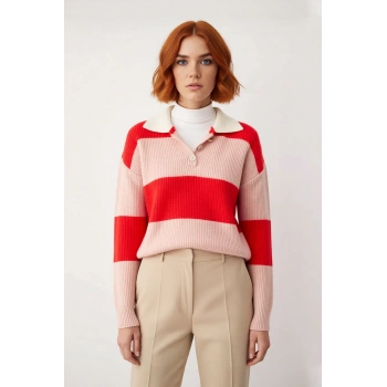 Kadın Renk Bloklu Polo Yaka Düşük Kollu Triko Kazak Kışlık Kombinlerinize Şıklık ve Konfor Katıyor