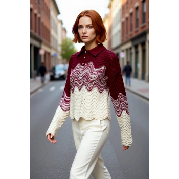 Kadın Renk Bloklu Polo Yaka Uzun Kollu Triko Kazak Basic Crop Kesim Kış Sezonu Konforu Kaliteli