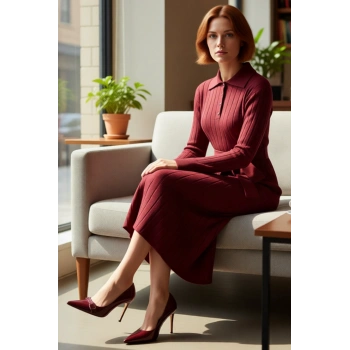 Kadın Ribana Dokuma Akrilik Triko Elbise Yarım Patlı Kuşaklı Maxi Boy Standart Kol Günlük Şık