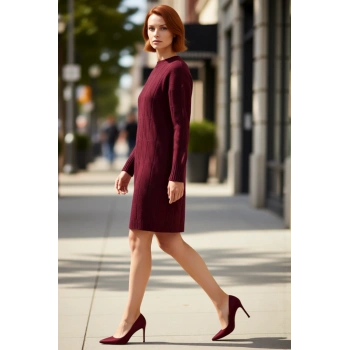 Kadın Saç Örgü Desenli Shift Kalıp Uzun Kol Bisiklet Yaka Mini Triko Elbise Şık Ve Konforlu