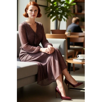 Kadın Şal Desenli Maxi Boy Dokuma V Yaka Balon Kol A Kesim Şifon Uzun Elbise Stili Kaliteli