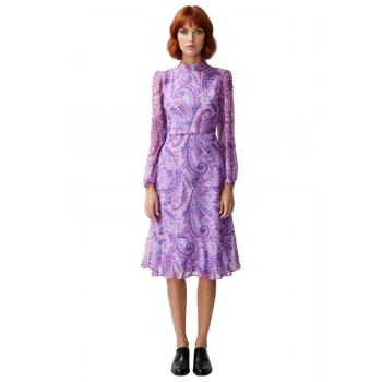 Kadın Şal Desenli Midi Şifon Elbise Dik Yaka Uzun Balon Kollu Astarlı ve Fırfırlı A Kesim Kaliteli