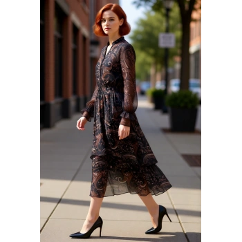 Kadın Şal Desenli Midi Şifon Skater Elbise Balon Uzun Kollu Anahtar Deliği Yakalı Astarlı Kışlık