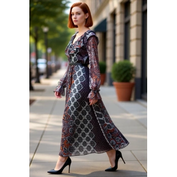 Kadın Şal Desenli V Yaka Balon Kol Astarlı Maxi Boy Skater Elbise Günlük Şıklık Sunar. Kaliteli
