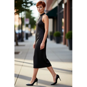 Kadın Saten Halter Yaka Kolsuz Midi Elbise Şık Ve Zarif Davetler Için Ideal Tasarım Seçeneği