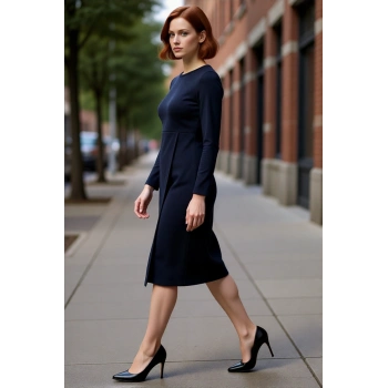 Kadın Selanik Dokuma Kruvaze Anvelop Midi Boy Uzun Kollu Şık Shift Kalıp Örme Elbise Kaliteli