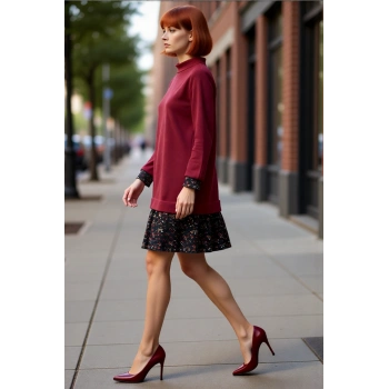 Kadın Selanik Örme Dik Yaka Uzun Kol Shift Kalıp Mini Elbise Çiçek Desenli Günlük Şıklık Kaliteli