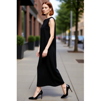 Kadın Shift Kalıp Aerobin Dokuma Düz Maxi Elbise Kolsuz Bisiklet Yaka Günlük Şıklık Sunuyor