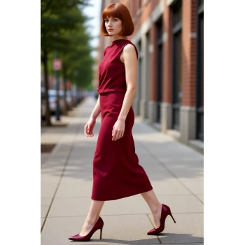 Kadın Shift Kalıp Aksesuar Detaylı Aerobin Dokuma Midi Elbise Şık Ve Konforlu Günlük Kullanım İçin