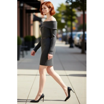 Kadın Shift Kalıp Carmen Yaka Fitilli Triko Mini Elbise İlkbahar Sonbahar Kombinleriniz İçin İdeal