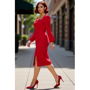 Kadın Shift Kalıp Kare Yaka Balon Kol Uzun Kollu Midi Boy Düz Dokuma Yırtmaç Detaylı Elbise