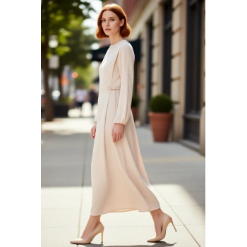 Kadın Shift Kalıp Maxi Boy Balon Kol Bağcıklı Aerobin Dokuma Bisiklet Yaka Elbise Günlük Şıklık