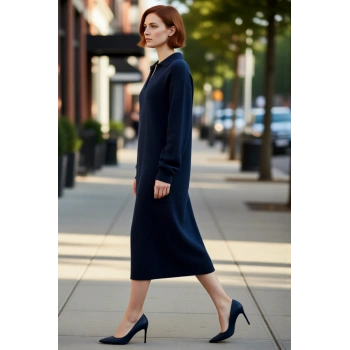 Kadın Shift Kalıp Midi Boy Polo Yaka Triko Elbise Günlük Rahat Uzun Düşük Kollu Kışlık Şık Tasarım