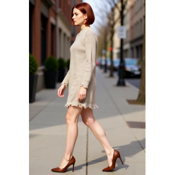 Kadın Shift Kalıp Mini Boy Akıtma Detaylı Triko Elbise Rahat Bisiklet Yaka Uzun Reglan Kol Kışlık