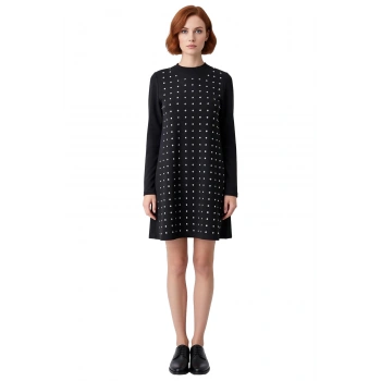 Kadın Shift Kalıp Uzun Kollu Parıltılı Detaylı Bisiklet Yaka Örme Mini Elbise Gündüz Gece Şıklığı