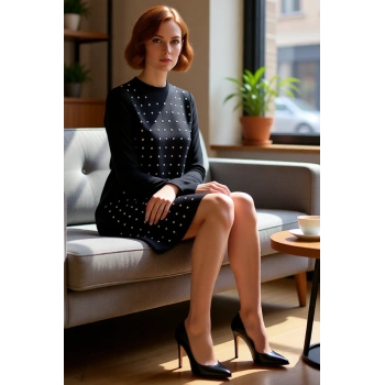 Kadın Shift Kalıp Uzun Kollu Parıltılı Detaylı Bisiklet Yaka Örme Mini Elbise Gündüz Gece Şıklığı